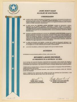 Diploma de Acuerdo del Municipio de Guayaquil a Ricardo Lagos