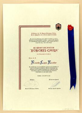 Diploma Doctor Honoris Causa otorgado por la Universidad de Córdoba, España a Ricardo Lagos