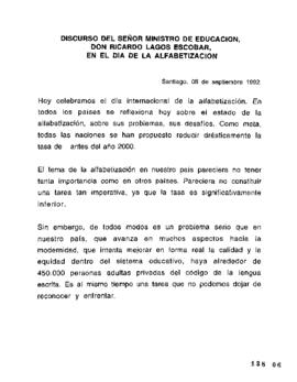 Discurso del señor ministro de Educación, Ricardo Lagos, en el día de la alfabetización