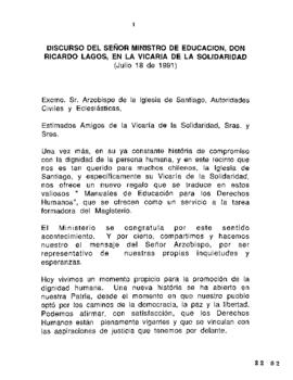 Discurso del señor ministro de Educación, don Ricardo Lagos, en Vicaría de la Solidaridad