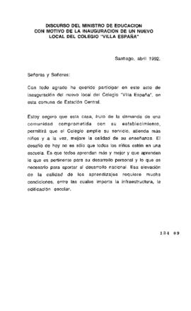 Discurso de Ministro de Educación en Inauguración de Nuevo Local del Colegio Villa España en Esta...