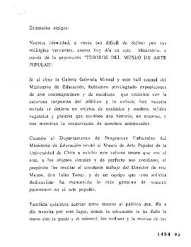 Discurso del ministro de Educación, Ricardo Lagos E., relativo a Exposición Tesoros del Museo de ...