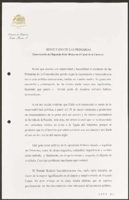 Intervención de Diputado Iván Mesías relativa a Resultados de las Elecciones Primarias