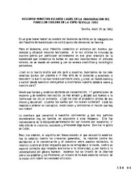 Discurso de Ministro de Educación en Inauguración de Pabellón Chileno en Expo Sevilla