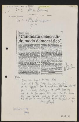 Ricardo Lagos: Candidato Debe Salir de Modo Democrático. Artículo de Prensa