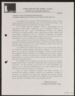 Comunicado de Prensa relativo a Declaración de Ricardo Lagos en Seminario Internacional Chile y L...