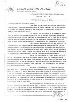 Carta de Regional Santiago Norte relativa a Unidad de Partido Socialista de Chile. Circular nº 5