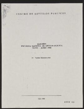 Resumen Encuesta Nacional de Opinión Pública Mayo-Junio 1988. IV Tablas Seleccionadas