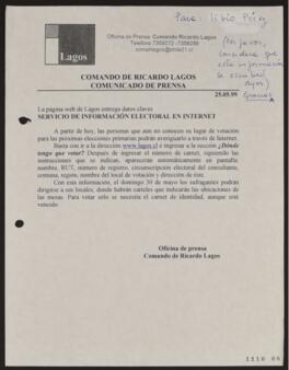 Servicio de Información Electoral en Internet. La página web de Lagos entrega datos claves. Comun...