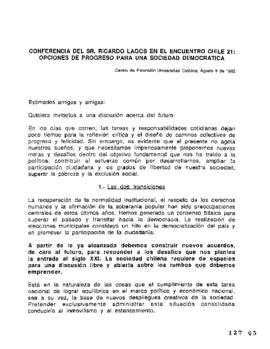 Conferencia del sr. Ricardo Lagos en el encuentro Chile 21: Opciones de Progreso para una Socieda...