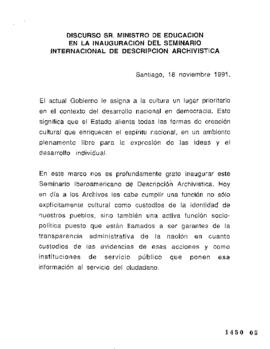 Discurso sr. Ministro de Educación en la Inauguración del Seminario Internacional de Descripción ...