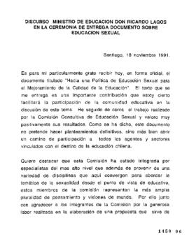 Discurso Ministro de Educación don Ricardo Lagos en la Ceremonia de Entrega Documento sobre Educa...