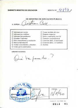 Minuta Nº 4897 del Ministro de Educación dirigida a Cristián Cox que adjunta Carta de Ministro de...