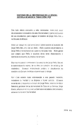 Discurso en la Universidad de la Serena. Escuela de Música Jorge Peña Hen