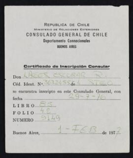 Certificado de Inscripción Consular de Ricardo Lagos E. en Argentina