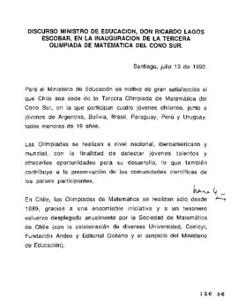Discurso ministro de Educación, don Ricardo Lagos E., en la inauguración de la tercera olimpiada ...
