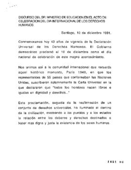 Discurso del sr. ministro de Educación en el Acto de Celebración del Día Internacional de los Der...