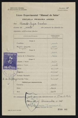 Certificado de Notas de Ricardo Lagos E. en Liceo Experimental Manuel de Salas
