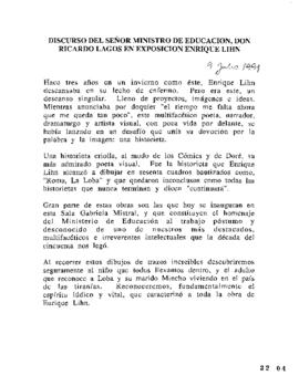 Discurso del señor ministro de Educación, don Ricardo Lagos en Exposición Enrique Lihn