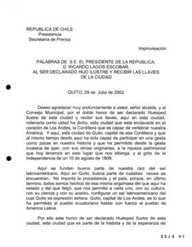 Palabras de S.E. el Presidente de la República, d. Ricardo Lagos Escobar, al ser declarado Hijo I...