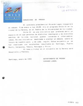 Comunicado de Prensa relativo a Inauguración de Programa Chile 21 en Ciudad de La Serena