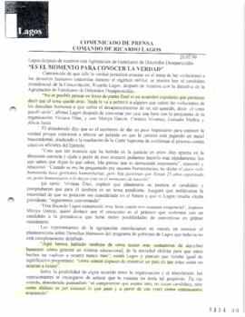 Es el momento para conocer la verdad. Lagos después de reunirse con Agrupación de Familiares de D...