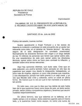 Palabras de S.E. el Presidente de la República, D.Ricardo Lagos, en XVIII Junta Anual de ASEXMA