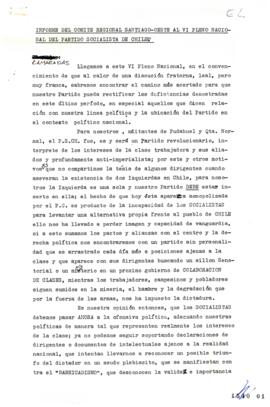 Informe de Comité Regional Santiago Oeste a VI Pleno Nacional de Partido Socialista