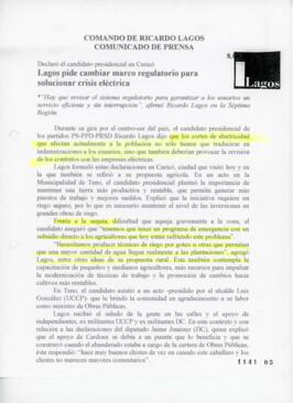 Lagos pide cambiar marco regulatorio para solucionar crisis eléctrica. Declaró el candidato presi...