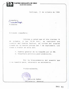 Carta de Ricardo Núñez dirigida a Ricardo Lagos relativa a Reunión del Comité Central de Partido ...