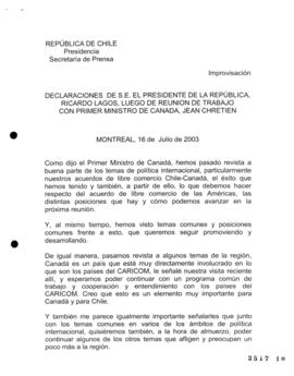 Declaraciones de S.E. el Presidente de la República, Ricardo Lagos, luego de Reunión de Trabajo c...