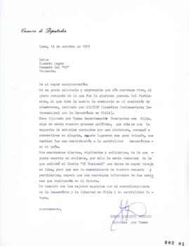 Carta de Saludos de Diputado por Tacna Henry Rondinel relativa a Triunfo Opositor en el Plebiscito