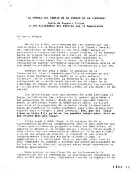 La fuerza del cambio es la fuerza de la libertad. Carta de Eugenio Tironi a los Militantes del Pa...