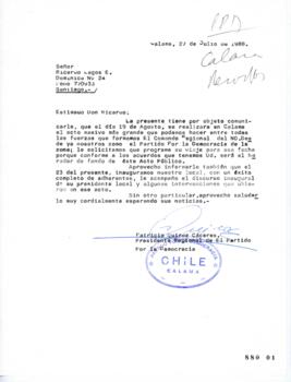 Carta relativa a Acto Público de Comando Regional del No en Calama