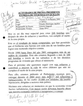 Actividades de prensa del Presidente de la República. Entrega de viviendas en Quillón