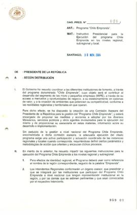 Instructivo Presidencial Nº 008 relativo a Programa Chile Emprende