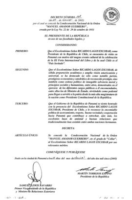 Decreto del Gobierno de Panamá con que se otorga al Presidente Ricardo Lagos, la Condecoración Na...