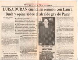 Luisa Durán cuenta su reunión con Laura Bush y opina sobre el alcalde gay de París. Entrevista