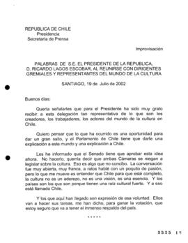 Palabras de S.E. el Presidente de la República, D. Ricardo Lagos Escobar, al Reunirse con Dirigen...