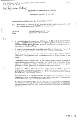 Inicio de Emisiones de Teleduc. Minuta para la Grabación de Televisión