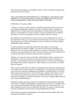 Intervención del Presidente de la República relativa a Falta de Quórum en Cámara para Legislación...