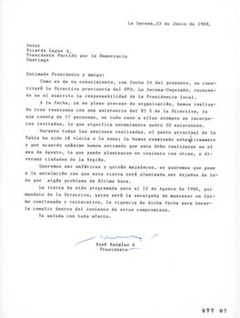 Carta dirigida a Presidente de Partido Por la Democracia enviada por Presidente Provincial del Pa...