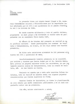 Carta dirigida a Ricardo Lagos relativa a Inasistencia a Acto Político Cultural Organizado por el...