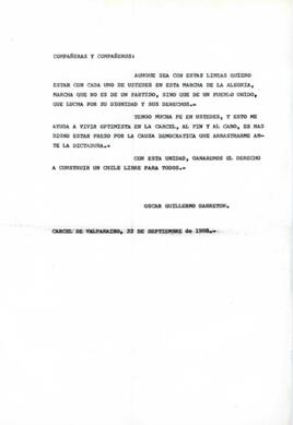 Carta de Apoyo de Oscar Garretón relativa a Marcha de la Alegria por la Democracia
