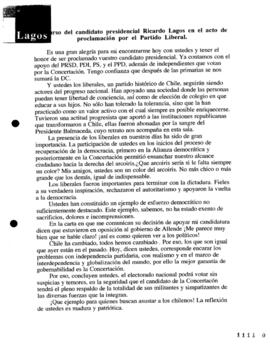 Discurso de Candidato Presidencial Ricardo Lagos en Acto Proclamación por Partido Liberal