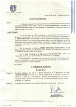 Decreto con el que se declara al Presidente Ricardo Lagos Huésped de Honor del Departamento de La...