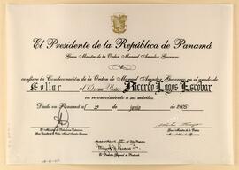 Diploma otorgado por el Gobierno de Panamá al Presidente Ricardo Lagos, mediante el cual se le co...