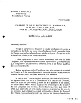 Palabras de S.E. el Presidente de la República, D.Ricardo Lagos, ante el Congreso Nacional de Ecu...
