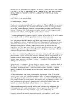 Intervención del Presidente de la República relativa a Política Cultural del Gobierno