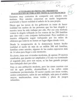 Actividades de prensa del Presidente de la República. Inauguración de Población Troncal San Franc...